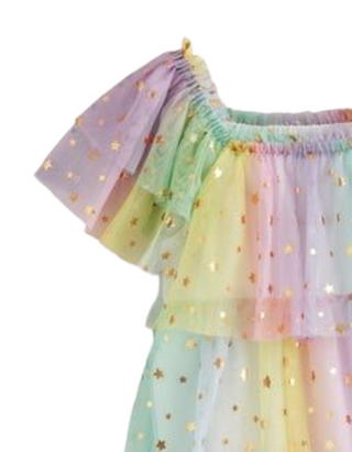 Mini Boden Girl's Tiered Tulle Dress in Multi Ombre Gold Foil Star