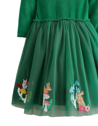 Mini Boden Girl's Velvet Tulle Applique Dress in Green