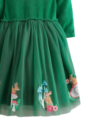 Mini Boden Girl's Velvet Tulle Applique Dress in Green