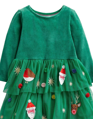Mini Boden Girl's Tiered Tulle Christmas Party Dress in Green