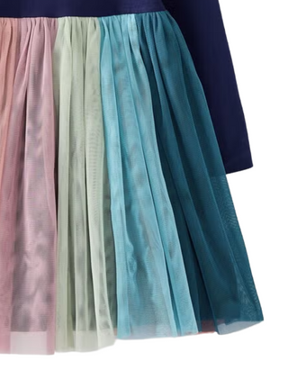 Girl's Long Sleeve Tulle Rainbow Dress in Navy