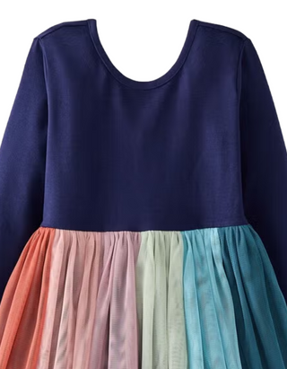 Girl's Long Sleeve Tulle Rainbow Dress in Navy