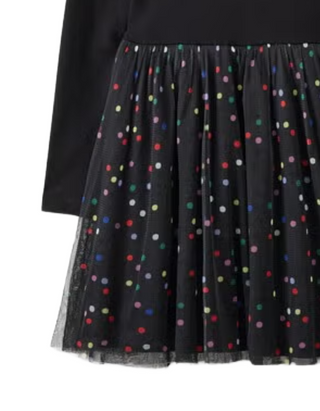 Girl's Long Sleeve Print Tulle Dress in Mini Confetti On Black