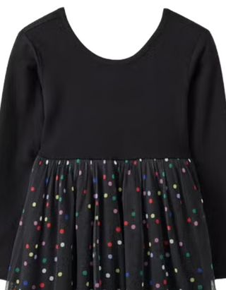 Girl's Long Sleeve Print Tulle Dress in Mini Confetti On Black