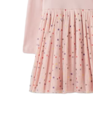 Girl's Long Sleeve Print Tulle Dress in Mini Confetti On Pink