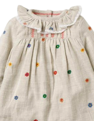Mini Boden Girl's Frill Neck Dress in Oatmeal Woodland Friends