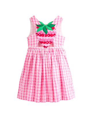 Mini Boden Girl's Zadie Applique Back Dress in Pink Gingham Strawberry
