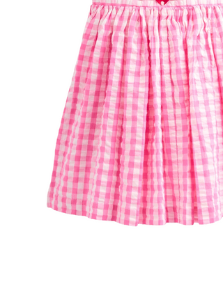 Mini Boden Girl's Zadie Applique Back Dress in Pink Gingham Strawberry