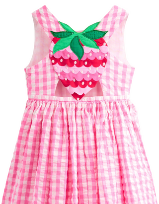 Mini Boden Girl's Zadie Applique Back Dress in Pink Gingham Strawberry