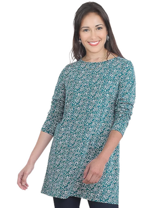 Women's 3/4 Sleeve Bowithick Long Sleeve Printed Tunic in Teal
