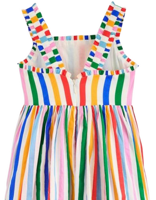 Mini Boden Girl's Luna Frill Strap Woven Dress in Multi Rainbow Stripe