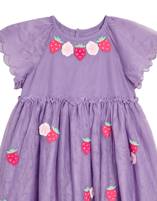 Jojo Maman Girl's Strawberry Angel Sleeve Applique Tulle Party Dress in Lilac Purple