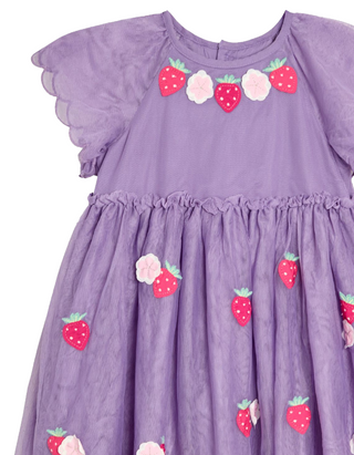 Jojo Maman Girl's Strawberry Angel Sleeve Applique Tulle Party Dress in Lilac Purple