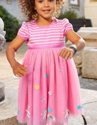 Jojo Maman Girl's Unicorn Tulle Party Dress in Pink