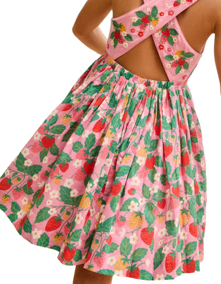 Mini Boden Girl's Harper Cross-Back Dress in Cosmos Pink Strawberry Patch