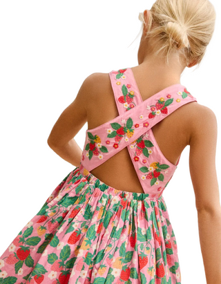Mini Boden Girl's Harper Cross-Back Dress in Cosmos Pink Strawberry Patch