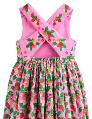 Mini Boden Girl's Harper Cross-Back Dress in Cosmos Pink Strawberry Patch (Imperfect)