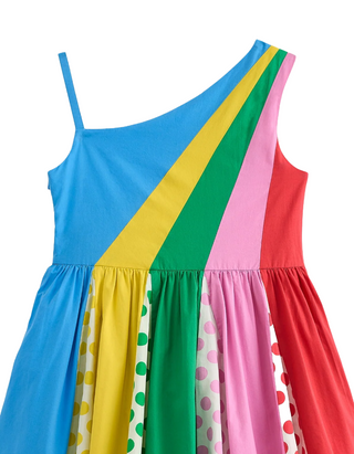 Mini Boden Girl's One Shoulder Woven Dress inMulti Spot