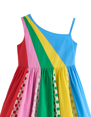 Mini Boden Girl's One Shoulder Woven Dress inMulti Spot
