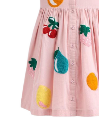 Mini Boden Girl's Remy Button Through Pinafore Dress in Pink Boucle Fruit