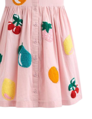 Mini Boden Girl's Remy Button Through Pinafore Dress in Pink Boucle Fruit