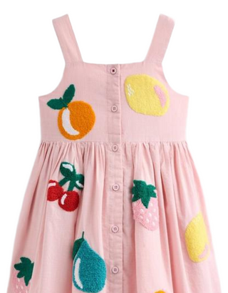 Mini Boden Girl's Remy Button Through Pinafore Dress in Pink Boucle Fruit