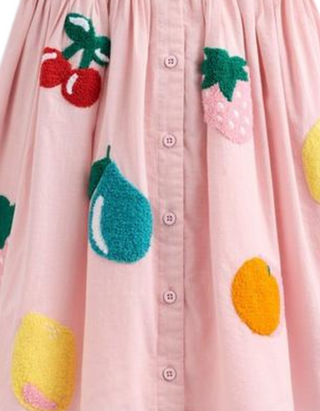 Mini Boden Girl's Remy Button Through Pinafore Dress in Pink Boucle Fruit