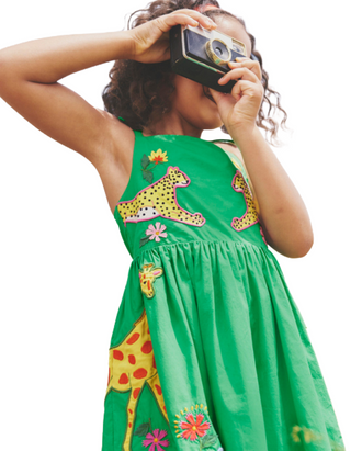 Mini Boden Girl's Sleeveless Applique Cotton Dress in Green Safari