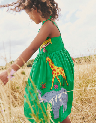 Mini Boden Girl's Sleeveless Applique Cotton Dress in Green Safari
