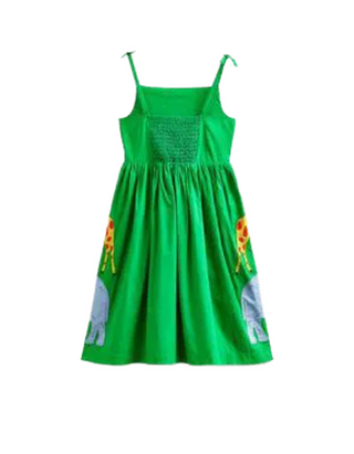 Mini Boden Girl's Sleeveless Applique Cotton Dress in Green Safari