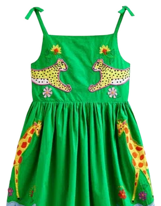 Mini Boden Girl's Sleeveless Applique Cotton Dress in Green Safari