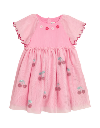 JOJO Maman Girl's Cherry Angel Sleeve Applique Tulle Party Dress in Pink