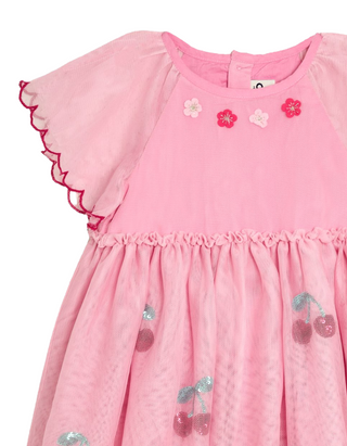 JOJO Maman Girl's Cherry Angel Sleeve Applique Tulle Party Dress in Pink