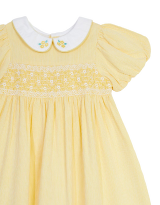 JOJO Maman Girl's Daisy Embroidered Peter Pan Smocked Party Dress in Yellow