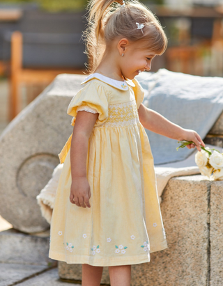 JOJO Maman Girl's Daisy Embroidered Peter Pan Smocked Party Dress in Yellow