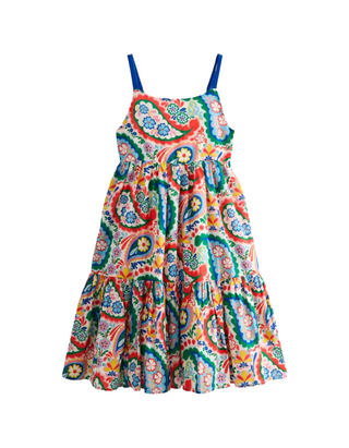 Mini Boden Girl's Aurelia Tiered Twirly Dress in Blue Multi Paisley
