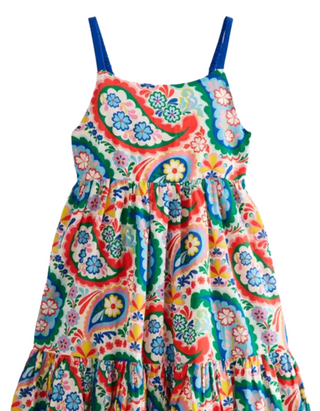 Mini Boden Girl's Aurelia Tiered Twirly Dress in Blue Multi Paisley