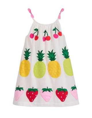 Mini Boden Girl's Cotton Strappy Applique Dress in Soft Ivory Fruit