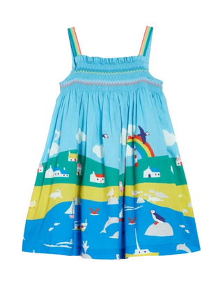 Mini Boden Girl's Smoked Sleeveless Sun Dress in Blue River Side