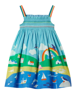 Mini Boden Girl's Smoked Sleeveless Sun Dress in Blue River Side (Imperfect)