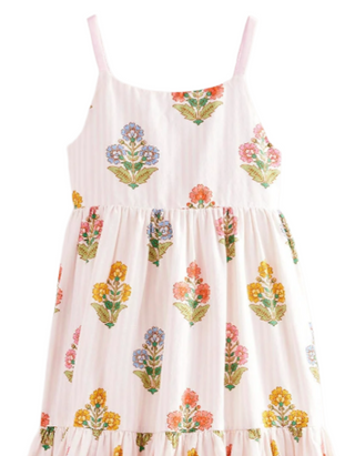 Mini Boden Girl's Tiered Twirly Sundress in Pink Woodblock Floral