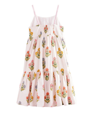 Mini Boden Girl's Tiered Twirly Sundress in Pink Woodblock Floral