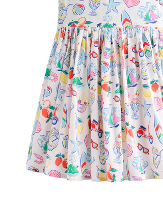 Mini Boden Girl's Harlow Back Detail Dress in Ivory Holiday Print