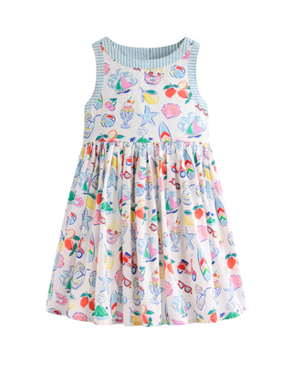 Mini Boden Girl's Harlow Back Detail Dress in Ivory Holiday Print
