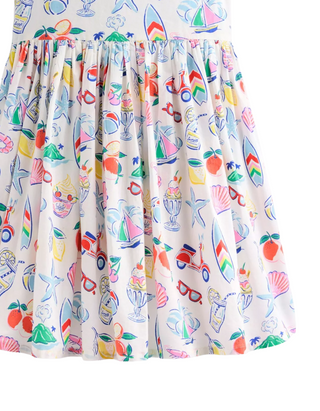 Mini Boden Girl's Harlow Back Detail Dress in Ivory Holiday Print