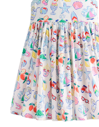 Mini Boden Girl's Harlow Back Detail Dress in Ivory Holiday Print