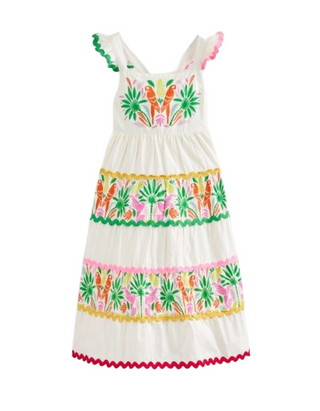Mini Boden Girl's Tiered Twirly Ric Rac Dress in Multi Rainbow Palm
