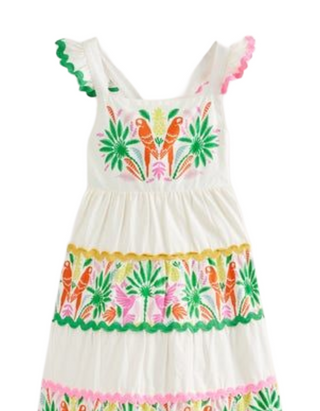 Mini Boden Girl's Tiered Twirly Ric Rac Dress in Multi Rainbow Palm