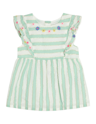 Jojo Maman Girl's Frill Sleeve Embroidered Top in Aqua Green Floral Print