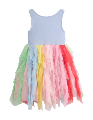 Mini Boden Girl's Jersey Tulle Dress in Misty Blue Rainbow (Imperfect)
